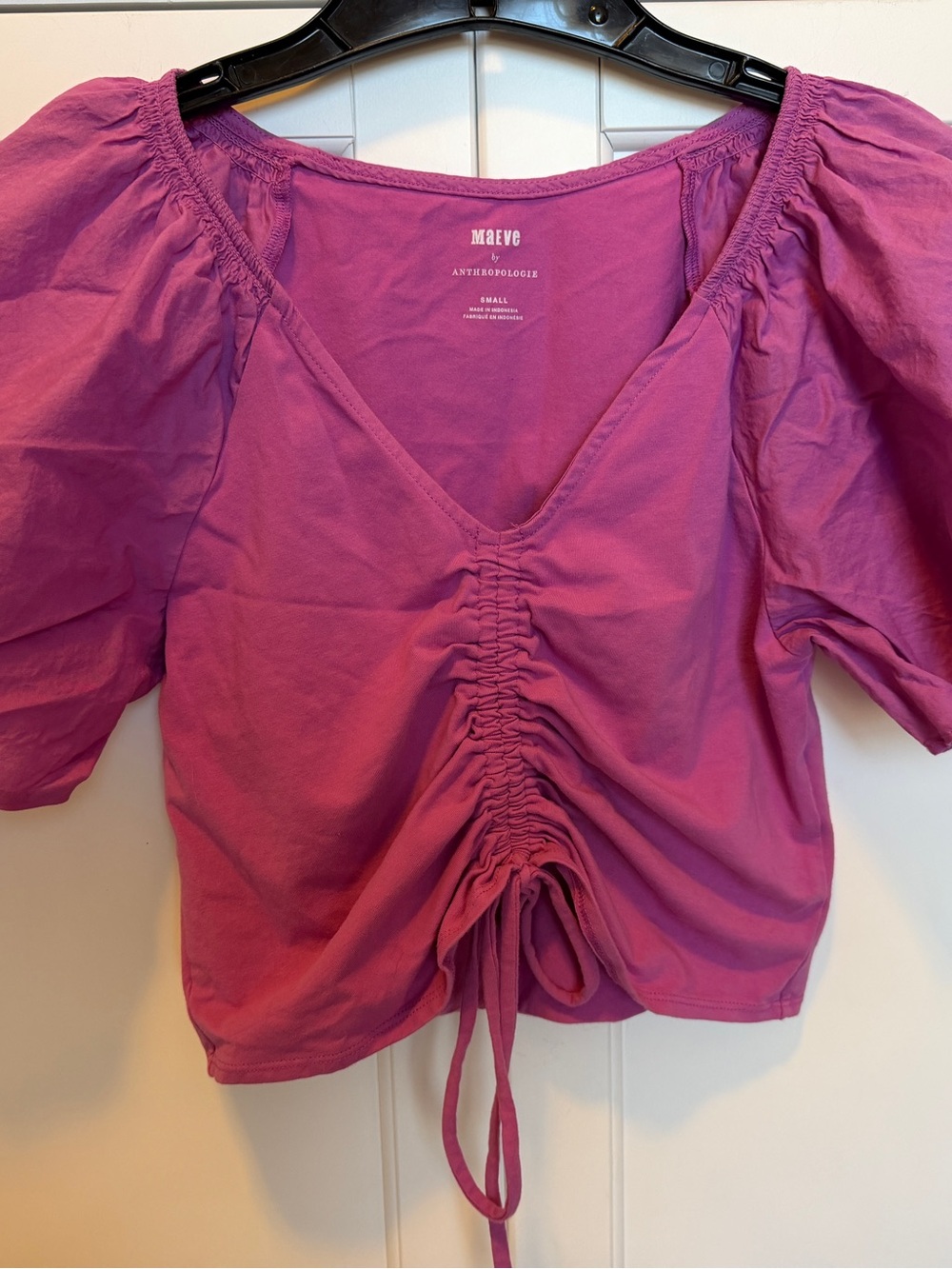 Anthropologie Mauve Ruched Tie-Front Puff Sleeve Crop Top